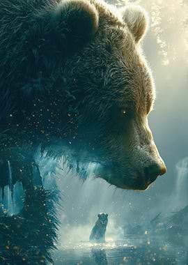 Bear and Lion in Misty Forest
