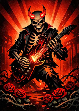 Skeleton Rocker with Devil Horns Playing Guitar