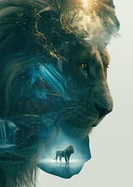 Lion with Forest and Waterfall Overlay