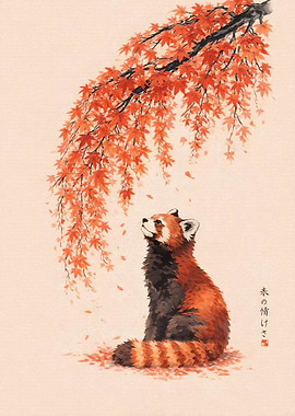 Red Panda Under Autumn Maple Tree