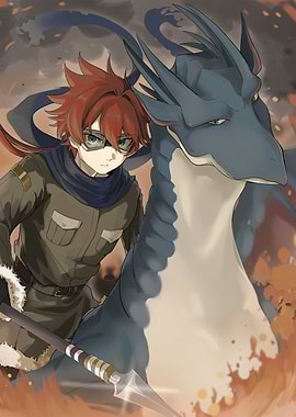 Boy and Dragon in Fiery Landscape
