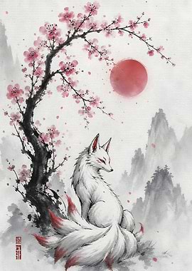 White Fox Under Cherry Blossoms