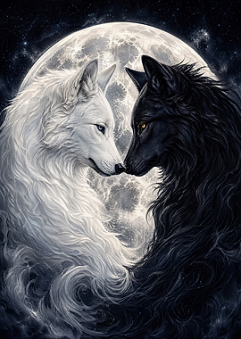 Yin Yang Wolves and Moon