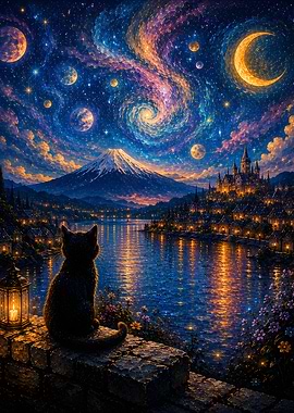 Black Cat Gazing at a Cosmic Cityscape
