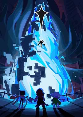 Three characters facing a glowing blue structure