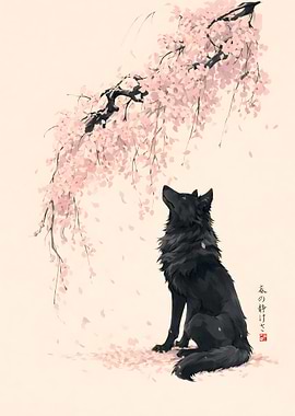 Black Wolf Under Cherry Blossoms