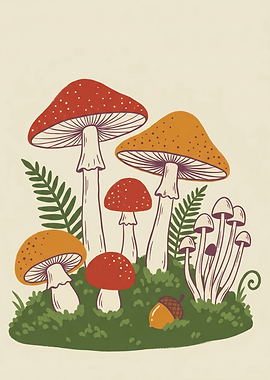 Whimsical Mushroom Forest Line Illustration