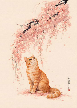 Cat Under Cherry Blossoms