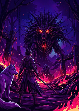 Warrior and Wolf Face Monster