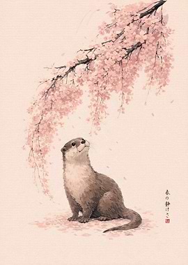 Otter Under Cherry Blossoms