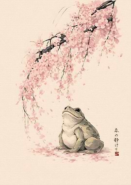 Frog Under Cherry Blossoms