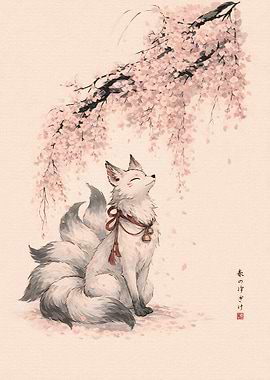 Kitsune Under Cherry Blossoms