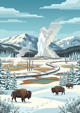 Yellowstone Geyser in Winter with Bison