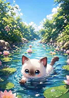 Cute Cat Swimming in a Pond