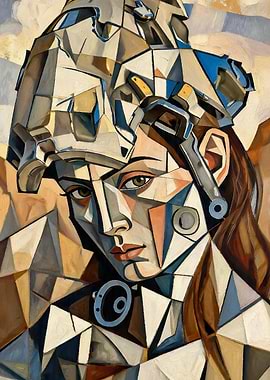 Cubist Portrait of a Woman in Futuristic Helmet