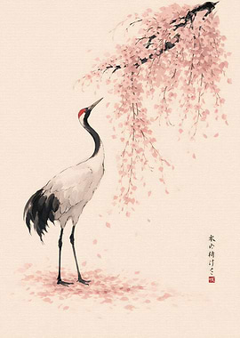 Crane Under Cherry Blossoms