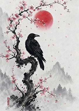 Raven on Cherry Blossom Branch