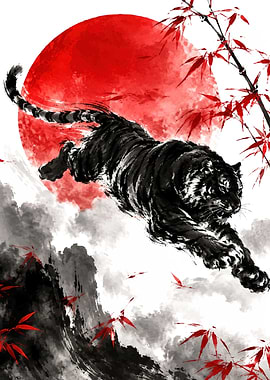 Tiger Leaping in Front of Red Sun