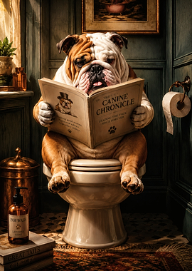 Bulldog Reading Canine Chronicle on Toilet