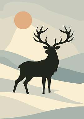 Minimalist Stag Silhouette Poster Modern Nature Wall Art with Abstract Landscape