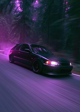 Dark Car Driving Through Purple Forest