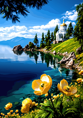 Serene Lakeside Landscape with Church and Flowers