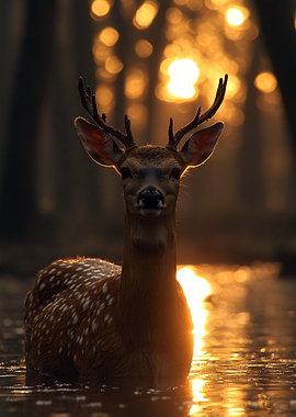Deer in golden water at sunset