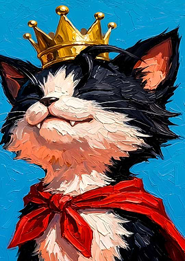 King Cat with Crown and Red Scarf