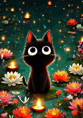 Cute Black Cat in a Lotus Pond