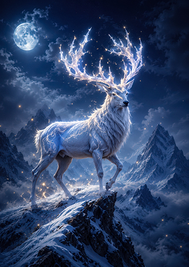 Magical White Stag in Snowy Mountains