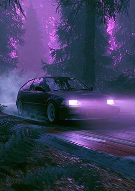 Drifting Car in Purple Forest