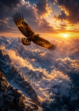 Eagle soaring over snowy mountains at sunset