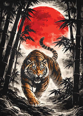 Tiger in Bamboo Forest Under Red Moon