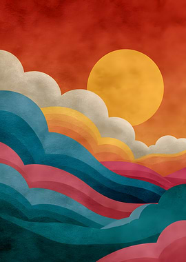 Abstract Sunset Landscape with Waves, Retro Minimalist Bauhaus