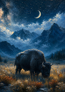 Bison Under a Crescent Moon