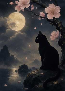 Black Cat Under Cherry Blossoms at Night