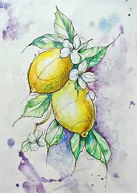 Watercolor Lemons with Blossoms