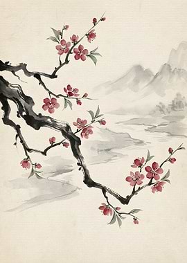 Japanese Ink Painting of Cherry Blossoms