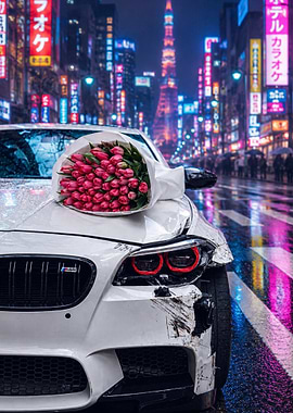 Damaged Car with Tulips in Neon City