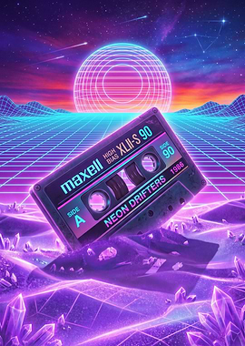 Retro Cassette Tape in Neon Landscape