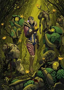 Warframe Sci-fi warrior in a forest with fallen robots