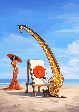 Giraffe painting on a beach
