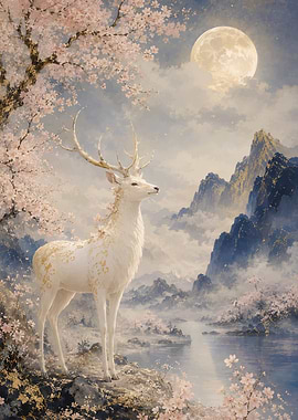 White Deer Under Cherry Blossoms