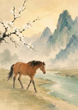 Horse by a River with Mountains and Blossoms