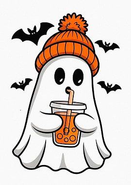 Cute Ghost Drinking Bubble Tea
