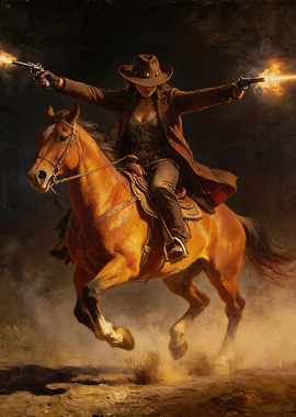 Cowgirl Firing Guns on Horseback