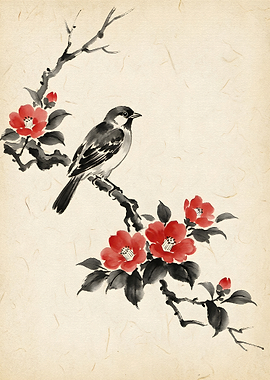 Sparrow on a Camellia Branch
