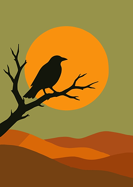 Crow Silhouette Sunset Poster Minimalist Autumn Wall Art Gothic Nature Decor