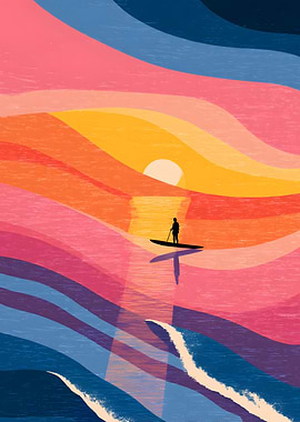 Paddleboarder at Sunset, Minimalist Waves Design
