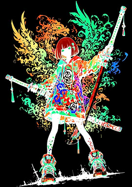 Anime Girl with Colorful Dragon Wings and Swords